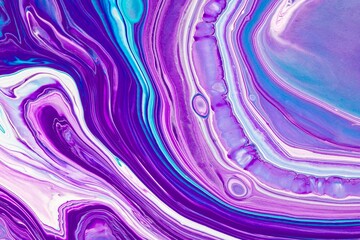 Fluid art texture. Backdrop with abstract swirling paint effect. Liquid acrylic artwork with flows and splashes. Mixed paints for posters or wallpapers. Purple, blue and white overflowing colors