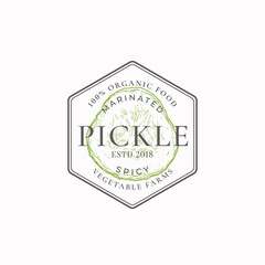 Wall Mural - vegetable farm frame badge or logo template. hand drawn pickle slice sketch with retro typography an