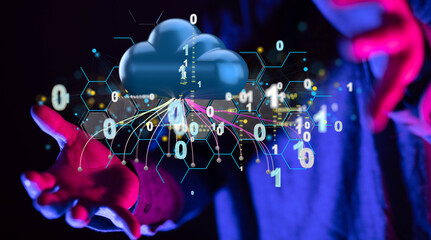 Data cloud storage network from lines, triangles and particle style design.