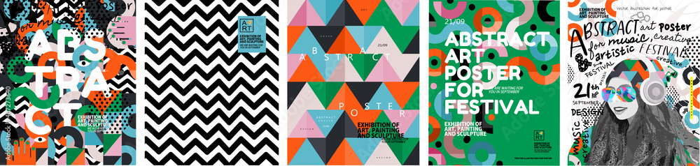 Abstract posters for art and music festivals. Vector illustrations of youth, modern backgrounds, textures and patterns and eclecticism. Drawings and geometric shapes
