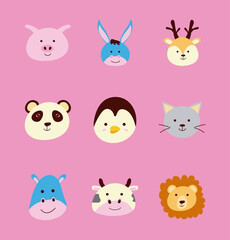 Canvas Print - bundle of nine cute little animals heads characters