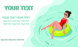 Fototapeta Pokój dzieciecy - Young beautiful girl sunbathes on an inflatable ring in the pool or on vacation. Summer vacation, pool party concept. Place for your lettering .Vector illustration.