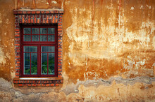 Texture Wall With Wooden Window Framed Brick And Plant Behind Glass