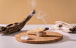 Peruvian palo santo holy wood smoke. Esoteric objects for meditation, antistress and relaxation purifying concept. Smudge kit for spiritual practices.