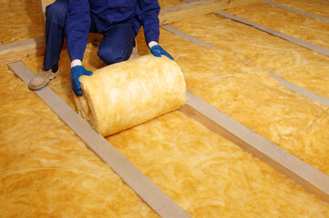 Wall Mural - Worker insulate the attic with mineral wool