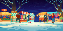 People On Christmas Fair With Market Stalls With Candies, Santa Hats, Cakes And Gingerbreads. Vector Cartoon Winter Landscape With Traditional Holiday Marketplace With Garland Lights At Evening