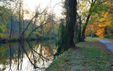 Wall Mural - View of fall leaves reflecting in the water of the Delaware-Raritan canal in Princeton, New Jersey