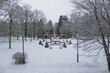 Park dworski w Iłowej w zimowej scenerii.