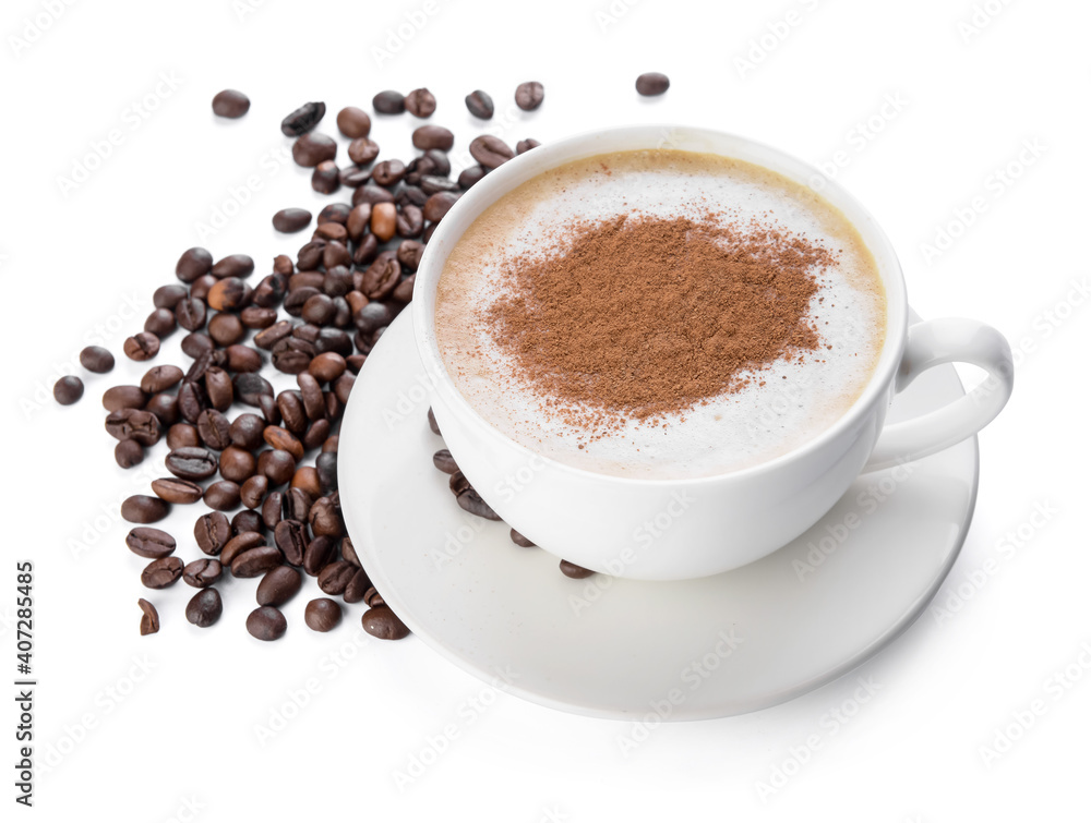 Tasty coffee with cinnamon in cup on white background