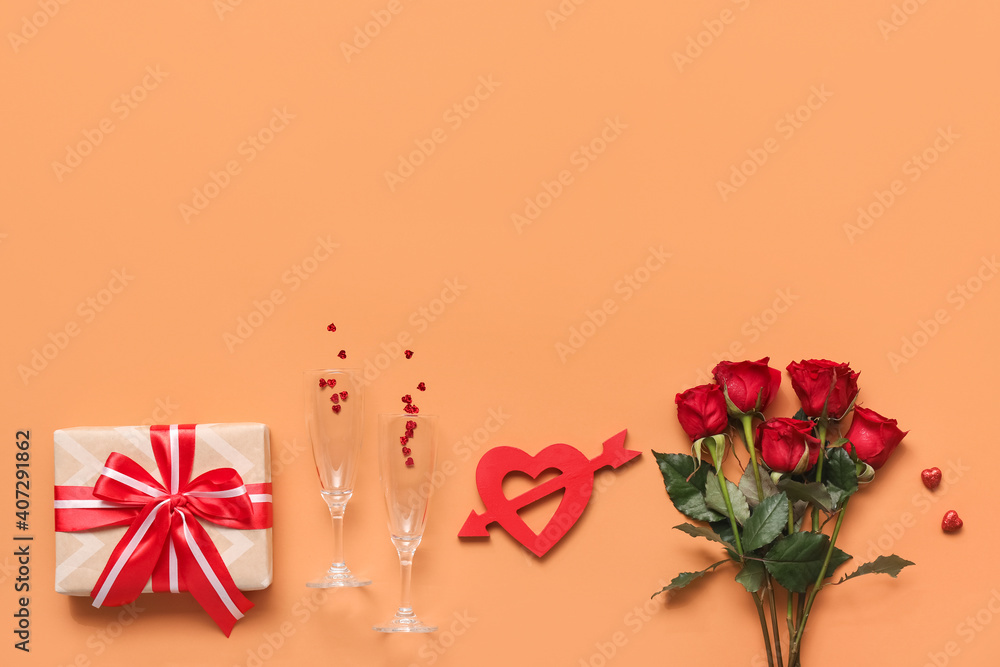 Composition for Valentine's Day on color background