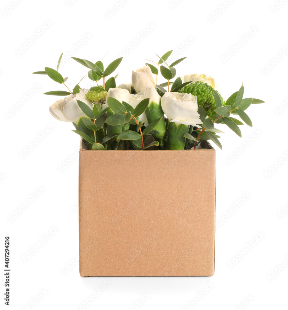 Gift box with bouquet of beautiful flowers on white background