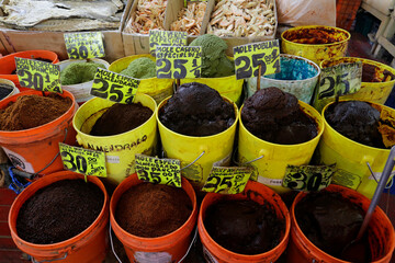 Mexican homemade Mole Poblano are seen for sell in a stand at La Merced public market located in the historic center of Mexico City, Mexico.