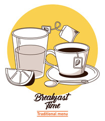 Wall Mural - breakfast time lettering poster with orange juice and coffee