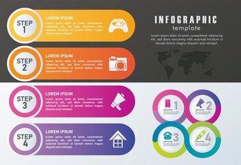 Poster - statistics infographics steps with numbers and maps in gray and black background