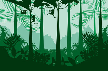 Poster - jungle wild nature green color landscape with monkeys scene