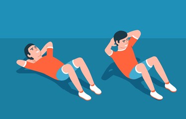 Abs exercise - crunch on the floor. Home Workout. Vector isometric illustration.