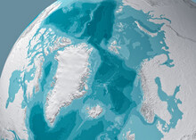 Physical Map Of The North Pole, Greenland. Reliefs And Mountains. Northern Hemisphere. Siberian Russia And Arctic Canada. 3d Render. Bathymetry, Underwater Depth Of Ocean
