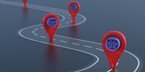 Sticker - Electric vehicle plug in a map pointer on highway, gray background. Charging station locations concept. 3d illustration