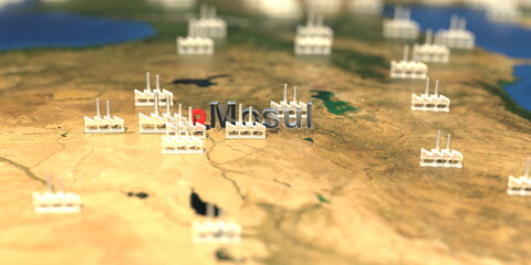 Wall Mural - Factory icons near Mosul city on the map, industrial production related 3D rendering