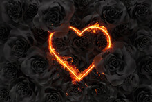 3d Rendering Of Heart Frame On Fire And Over A Lot Of Black Roses. Flat Lay Of Minimal Flower Style Concept