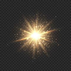 Wall Mural - Star burst with sparkles. Golden light flare effect with stars, sparkles and glitter isolated on transparent background. Vector illustration of shiny glow star with stardust, gold lens flare