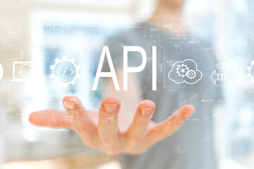 Wall Mural - api - application programming interface concept with young man holding his hand