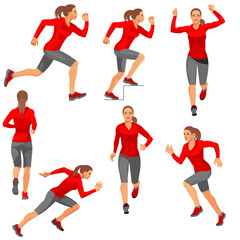 Wall Mural - Seven isolated vector figures of running girls in warm sports clothes