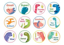 Reward Stickers Collection With Cute Dinosaurs. Teachers Award Badges With Funny Dinos. Labels For Chore Chart And Planner. Vector Illustration