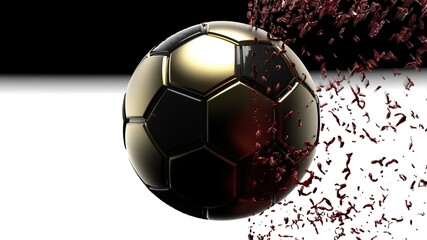 Gold-Black soccer ball with red splash particles in the shape of star.  3D high quality rendering. 3D CG. 3D illustration.