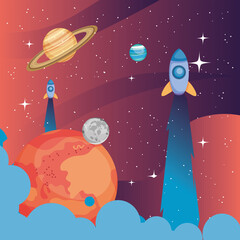 Poster - Space rockets sun and planets vector design