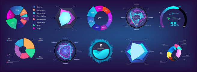 Wall Mural - Modern Pie chart and circle infographic collection for Web, UI, UX, KIT and Mobile App. Futuristic colors infochart and Pie chart. Mockup for presentation and dashboard. Three-dimensional. Vector