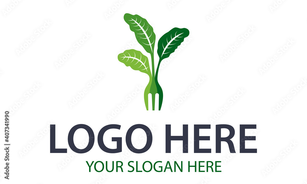 Green Color Abstract Simple Nature Leaf Eco Fork Food Logo Design Wall Mural Aksarabiru