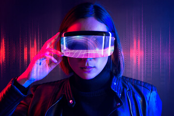 woman with smart glasses futuristic technology