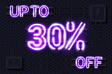 UP TO 30 Percent OFF Glowing Purple Neon Lamp Sign. Realistic Vector Illustration. Perforated Black Metal Grill Wall With Electrical Equipment.