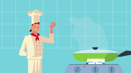 Wall Mural - chef worker with pan cooking animation