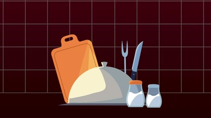 Poster - tray server with kitchen set utensils icons