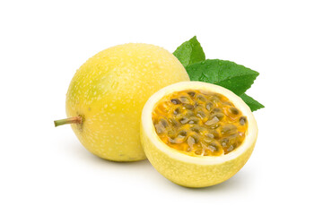 Wall Mural - yellow passion fruit with cut in half and green leaf isolated on white background..