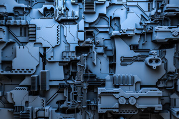 3d illustration of a pattern in the form of a metal, technological plating of a spaceship or a robot. Abstract Graphics in the style of computer games. Close up of the blue cyber armor