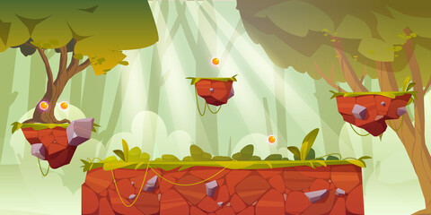 Wall Mural - game platform cartoon forest landscape, 2d ui design for computer or mobile. bright wood with green 