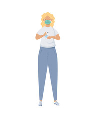 Poster - covid prevention, young woman wearing medical mask with bottle antibacterial in hands