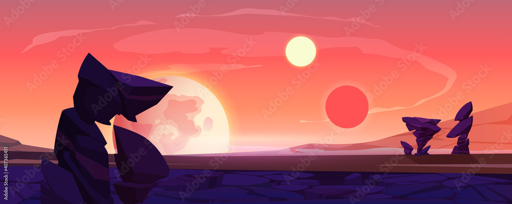 Alien planet landscape, dusk or dawn desert surface with mountains, rocks, satellite and two suns shining on orange sky. Space extraterrestrial computer game background, cartoon vector illustration - obrazy, fototapety, plakaty 