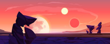 Alien Planet Landscape, Dusk Or Dawn Desert Surface With Mountains, Rocks, Satellite And Two Suns Shining On Orange Sky. Space Extraterrestrial Computer Game Background, Cartoon Vector Illustration