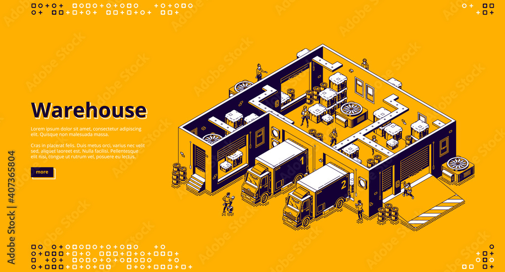 Warehouse banner. Logistic infrastructure for storage, distribution and delivery cargo from factory, store. Vector landing page with isometric storehouse interior, trucks and working people - obrazy, fototapety, plakaty 