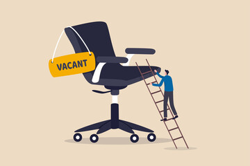 Candidate searching for job, career path or job promotion to be management, ladder of work success concept, ambitious businessman worker climbing the ladder to management office chair with vacant sign