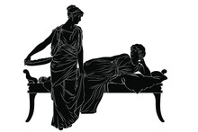 Two Ancient Greek Women In Tunics Chat In The Bedroom. Figures Isolated On White Background.