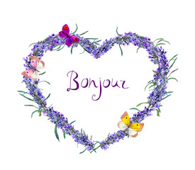 Wall Mural - Floral heart shape with lavender flowers and butterflies. French text Bonjour translation Hello . Watercolor card