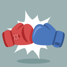 Pair Of Boxing Gloves Punch To Each Other. Red And Blue Boxing Gloves In A Boxing Match. Simple Vector Illustration In Flat Design