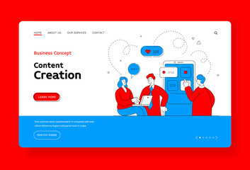 Wall Mural - Content creation landing page banner template. People posting data in social media. Flat line vector illustration