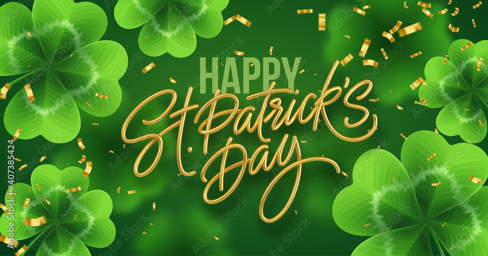 Golden realistic lettering Happy St. Patricks Day with realistic clover leaves background. Background for poster, banner Happy Patrick. Vector illustration - obrazy, fototapety, plakaty 
