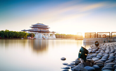 Sticker - The Ziyun Tower was built in 727 AD and is the main building of the Datang Furong Garden, Xi'an, China.